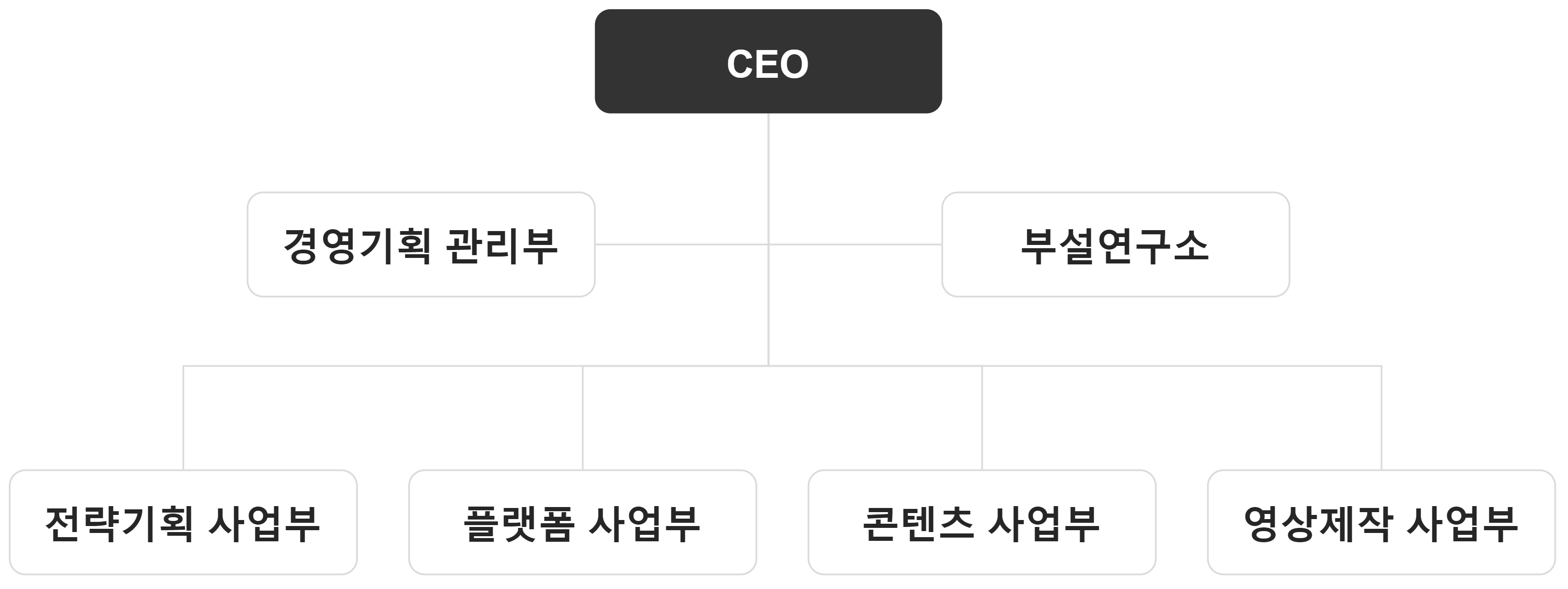 조직도: CEO - 경영기획 관리부, 부설 연구소 - 전략기획 사업부, 플랫폼 사업부, 콘텐츠 사업부, 영상제작 사업부